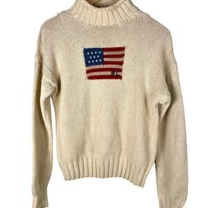 Vintage HTF Polo Sport 90s Ralph Lauren Cream Sweater with American Flag Size S